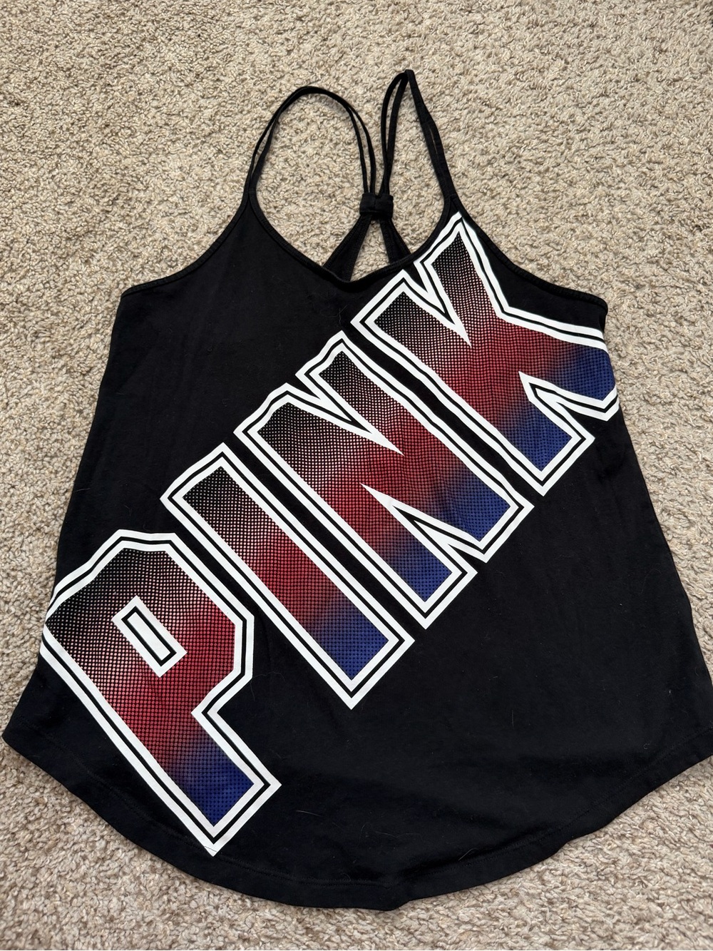 PINK Victoria's Secret Black Tank with Red and Blue Ombre Logo